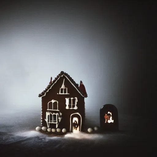 Prompt: cinematic photo of ghosts living inside of a haunted gingerbread house, spooky, fog, 3 5 mm film