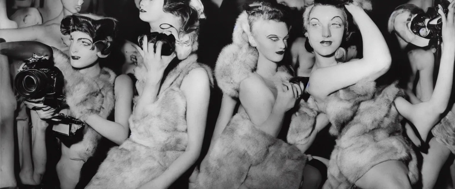 Prompt: fashion model in mink stole looking at lens by weegee