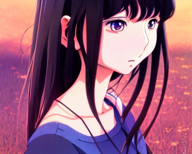 Image similar to beautiful anime girl with long black hair and bangs, red eyes, fine details portrait, village in the background, bokeh. anime masterpiece by Studio Ghibli. illustration, sharp high-quality anime illustration in style of Ghibli, Ilya Kuvshinov, Artgerm