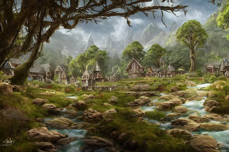 Prompt: A small elven village with elegant architecture in an open field, a winding white pathwalk and a small brook running through, clear blue skies in the background, by Artgerm and Todd Shorr, D&D, high fantasy, 8k photorealistic, cinematic lighting, HD, high details, concept art, trending on artstation