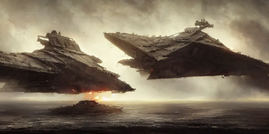 Image similar to a painting of a cinematic keyframe of star wars a destroyed imperial star destroyer ship, heavy atmosphere, fire and smoke by greg rutkowski, rule of thirds, golden ratio, ambient lighting, wlop, artgerm, artstation, highly detailed masterpiece, dark fantasy art, high detail, trending on artstation