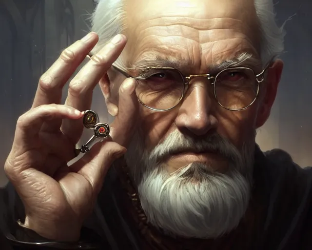 Image similar to old man with rings on all his fingers, deep focus, d & d, fantasy, intricate, elegant, highly detailed, digital painting, artstation, concept art, matte, sharp focus, illustration, hearthstone, art by artgerm and greg rutkowski and alphonse mucha