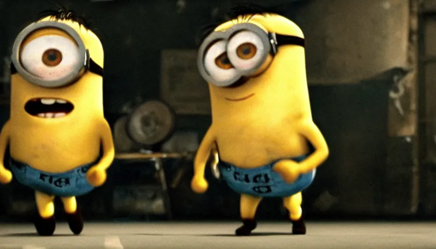 Image similar to fight club!!!!, fight club!!!! (((the minions))), movie still, directed by David fincher