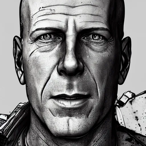 Prompt: bruce willis portrait, borderlands, tales from the borderlands, the wolf among us, comic, cinematic lighting, studio quality, 8 k