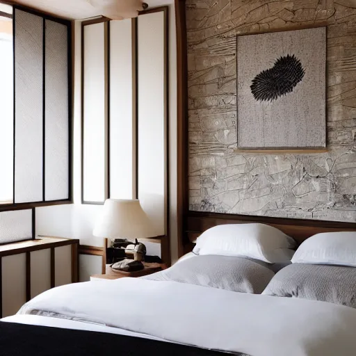 Image similar to bedroom, stone, interior design, stylish luxury hotel bedroom design, yakisugi, black vertical slatted timber, textures, feminine, black walls, art, Japanese pottery vase with flowers, kakejiku, seasonal, Japanese influences