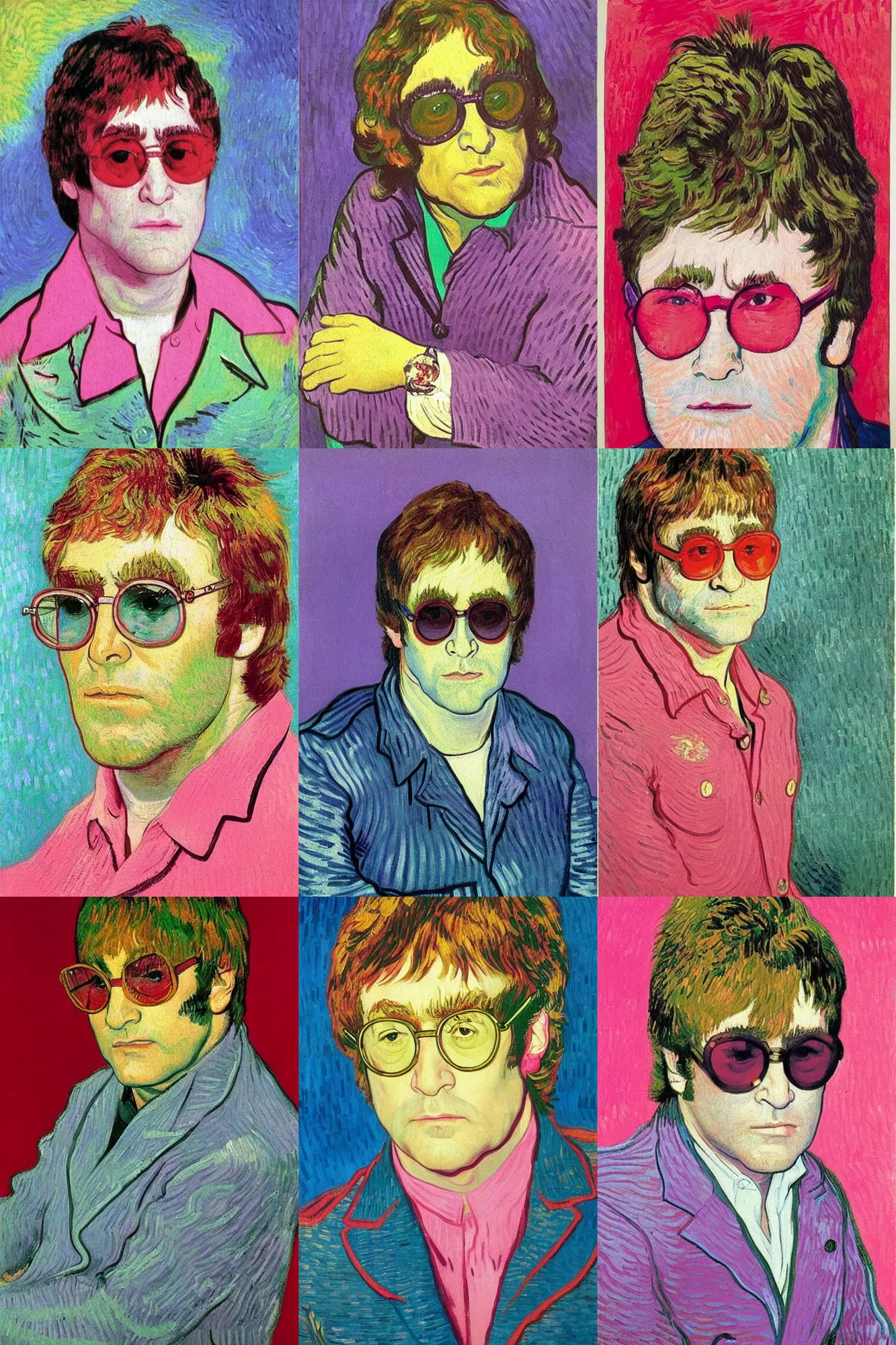 Prompt: Portrait of Elton John Lennon using pink shirt in 1970 by Van gogh