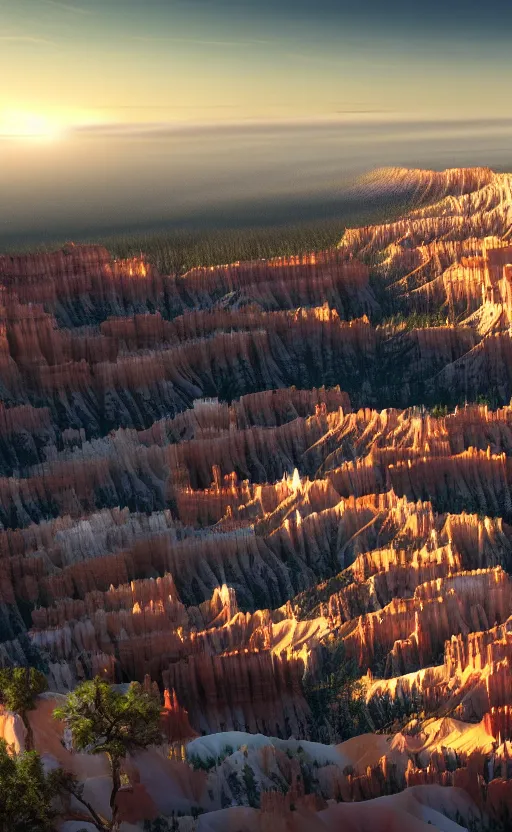 Prompt: a futuristic utopian metropolitan city of shiny buildings and spires sits at the edge of a beautiful cliff like bryce canyon with epic waterfalls cascading down below causing mist at the bottom, a large spacecraft flies nearby, sharp details, photorealistic, octane render, golden hour, cinematic lighting, immense scale