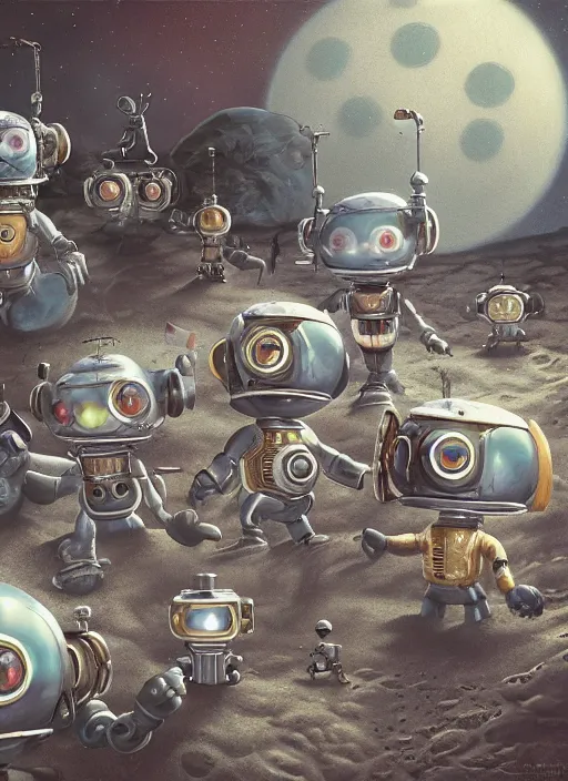 Prompt: highly detailed closeup, group portrait of a 1 8 8 0 s retro toy robots land on the moon, unreal engine, nicoletta ceccoli, mark ryden, earl norem, lostfish, global illumination, detailed and intricate environment