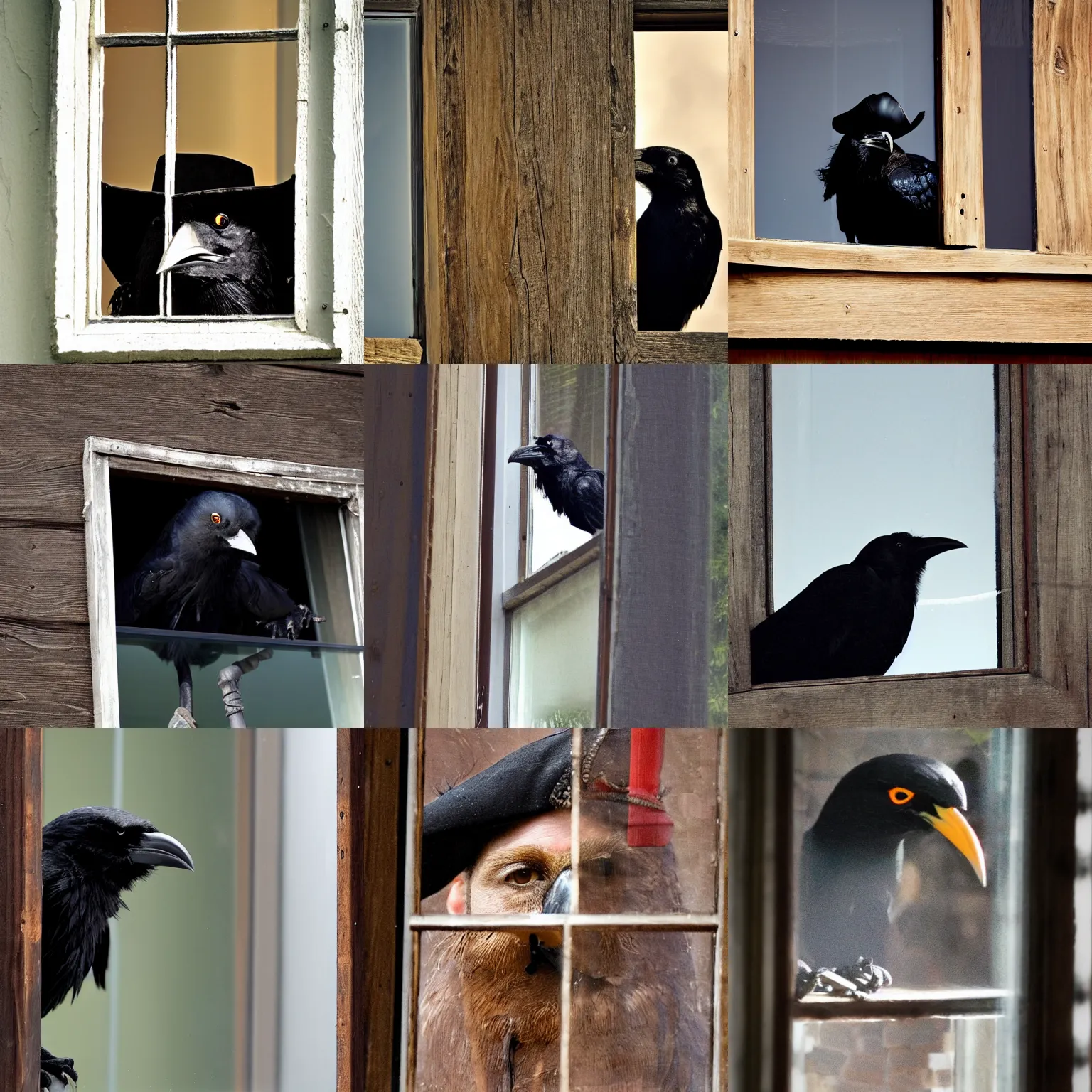 Prompt: an anthropomorphic crow looking like russell crowe with a large pirate hat on its head, peering out concerned down to camera from a small dusty glass window in a wooden wall, 2 0 1 2