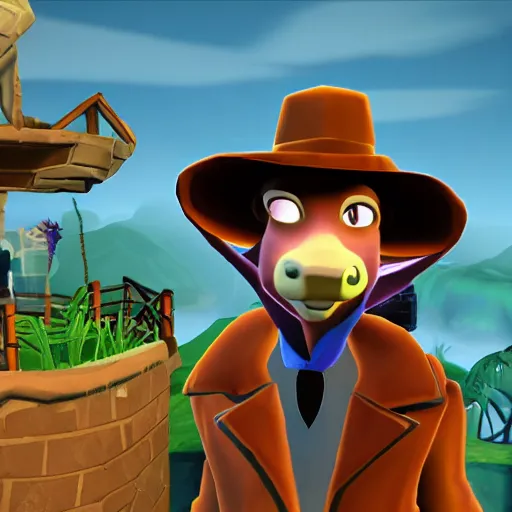 Image similar to screenshot of a humanoid inspector badger with a brown trenchcoat as an npc in spyro the dragon video game, with playstation 1 graphics, activision blizzard, upscaled to high resolution