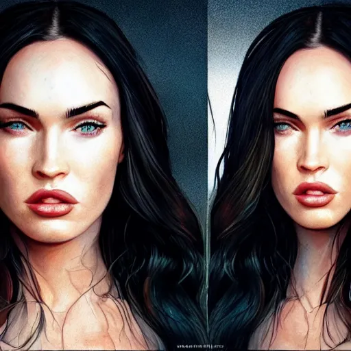 Image similar to megan fox sticking her tongue out, hyperrealistic portrait, photo realistic, poster, artstation, volumetric lighting, digital art, very detailed face by magali villeneuve