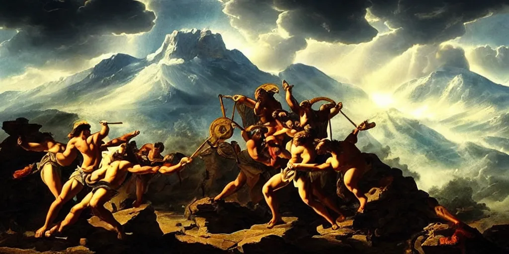 Image similar to amazing ancient landscape photo of greek gods fighting on top mount olympus, beautiful dramatic lighting