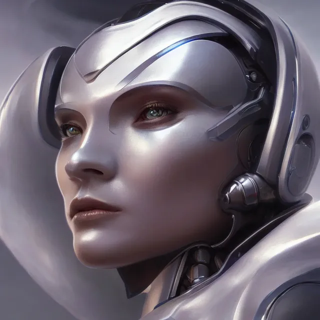 Prompt: close up portrait of beautiful futuristic female robot with silver chrome skin wearing white armor, astral nebula, subsurface scattering, artistic, art by artgerm, greg rutkowski and alphonse mucha, artstation, octane render,