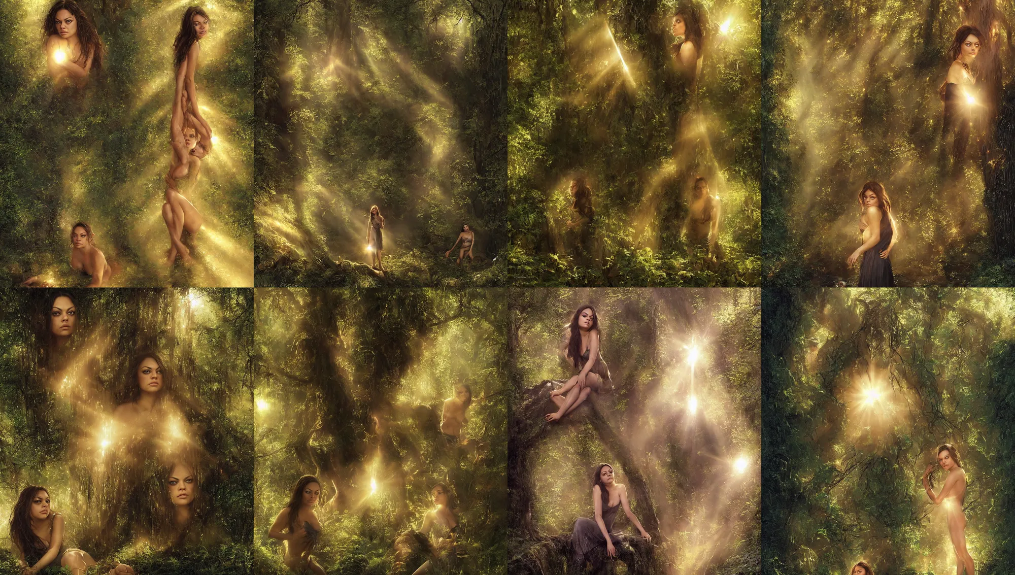 Image similar to big - eyed mila kunis biting her lip, sun - rays through canopy, gentle sparkling forest stream, sundown golden hour firefly wisps, focal length : 2 0 0. 0 mm, steve hanks, charlie bowater, mark brooks, steve henderson, justin gerard, mark keathley, victor nizovtsev, tom bagshaw, krenz cushart, ross tran