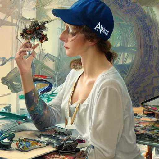 Image similar to a computer graphics artist with a ballcap in a messy room at the computer animating, ultra realistic, concept art, intricate details, serious, highly detailed, photorealistic, octane render, 8 k, unreal engine. art by artgerm and greg rutk owski and alphonse mucha