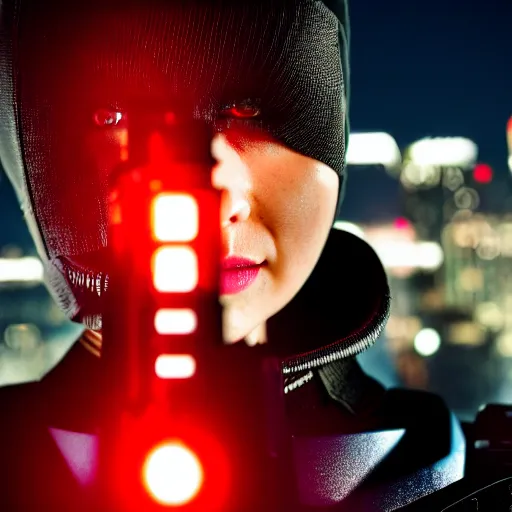 Prompt: photographic portrait of a techwear woman holding a shotgun, holding shotgun down, closeup, on the rooftop of a futuristic city at night, sigma 85mm f/1.4, 4k, depth of field, high resolution, full color, award winning photography, inspired by Kill Bill, inspired by John Wick, inspired by Die Hard, movies with guns, movie firearms