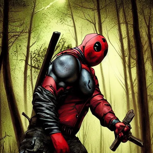 Prompt: jason voorhees meets deadpool in the woods digital art 4 k detailed super realistic