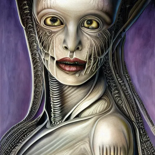 Image similar to portrait of a beautiful woman, alien, high detail, painting by hr giger