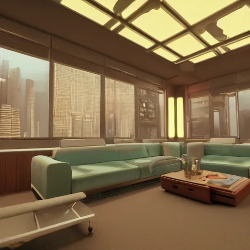 Prompt: Sci fi living room research laboratory, electric wallpaper, unreal engine 5 tech demo, zillow interior, cool tint, metallic reflective, octane render, Frank Lloyd Wright ((Studio Ghibli))