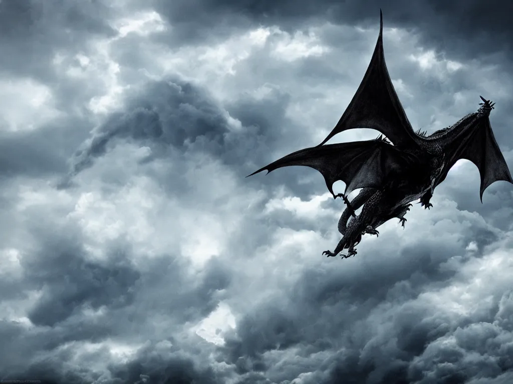 Image similar to epic cinematic shot of dragon flying through stormy clouds in the style of Game of Thrones