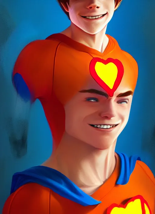 Image similar to friendly teenage archie andrews wearing an orange superhero costume with heart logo, heart, freckles, blue cape, heart emblem on chest, blue cape, intricate, elegant, glowing lights, highly detailed, digital painting, artstation, sharp focus, illustration, art by wlop, mars ravelo and greg rutkowski