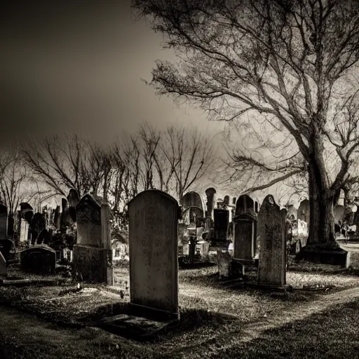 Prompt: haunted graveyard, soft light, dark, night, creepy, sprawling landscape,