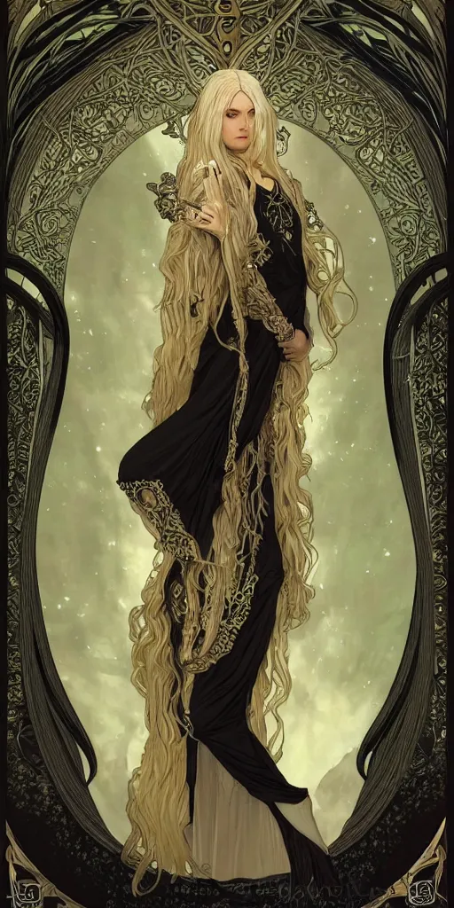 Prompt: 4k HD digital full body portrait of beautiful regal elven king, long white hair, black paper, wheel of sigils behind subject, fox god tarot card, Artstation, Alphonse Mucha, Craig Mullins, Marc Simonetti, art nouveau aesthetic, ornate and intricate details, decorative nouveau image border