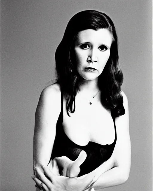 Prompt: carrie fisher photographed by helmut newton, 1977, studio photography, award winning, cdx