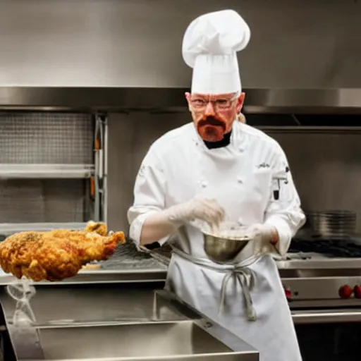 Image similar to Walter White as a chef making fried chicken in a kitchen