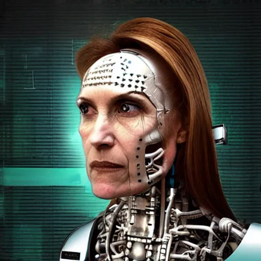 Image similar to grainy photo of an ugly woman, wearing bionic implants, cyborg!!! android! robot!! criminal!!, (((((high tech, circuit boards, cyberpunk))))), mugshot!!