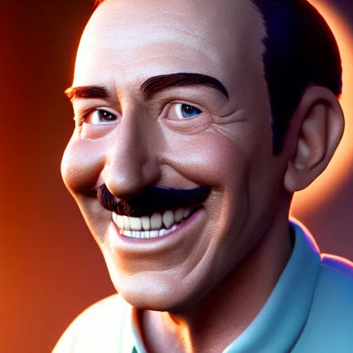 Image similar to walt disney smilin, hyperrealistic, concept art, octane render, unreal engine 5, trending on deviantart, highly detailed, high quality, 8 k, soft lighting, cute, natural lighting, realistic face, trending on artstation, elegant clothes, profile picture, path traced, disneyland background