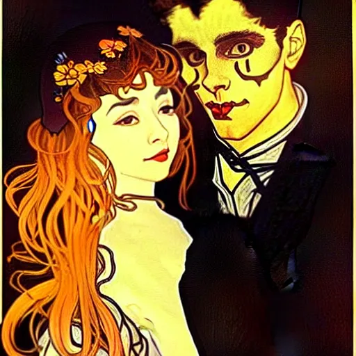 Image similar to painting of handsome young beautiful jeff and gorgeous rina together at the jack o'lantern halloween party, elegant, clear, painting, stylized, art, art by alphonse mucha, vincent van gogh, egon schiele,