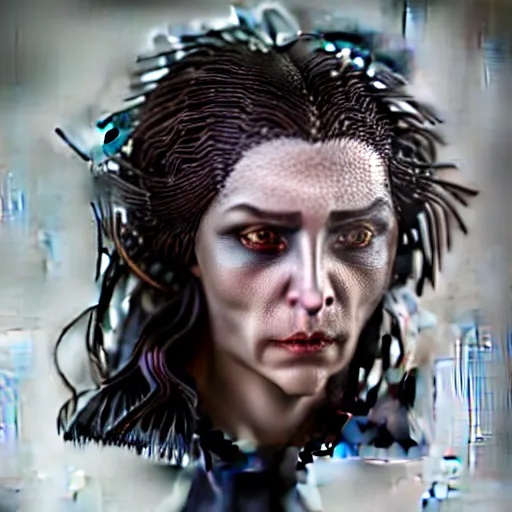 Image similar to photo taken of an epic intricate, ultra detailed, super realistic bust of a majestic gracious regal aristocratic brunette female vampire created by weta workshop, menacing, some zoomed in shots, photorealistic, sharp focus, white wall, extremely cold blueish colour temperature, 3 5 mm, f 1. 4, golden ratio