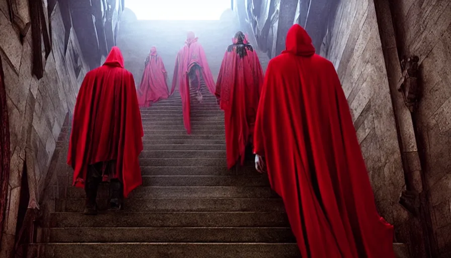 Image similar to figures in red cloaks ascend huge creepy fantasy stairs, cinematic, movie still, art by ruan jia and albert voidstar