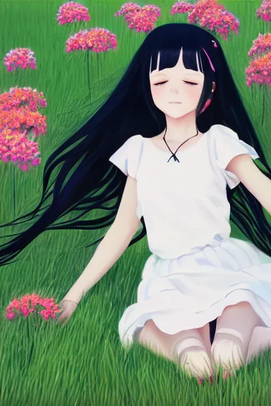 Image similar to little girl with her long black hair dressed in a simple white dress laying down on a flowery field, anime art style, digital art by ilya kuvshinov, inspired by balthus, hd, 4 k, hyper detailed, rear view