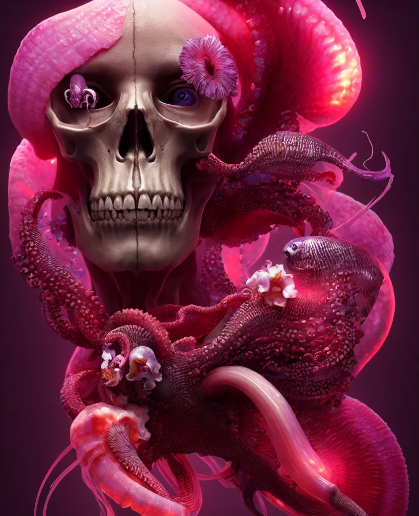 Prompt: goddess close - up portrait human skull, ram skull, squid phoenix jellyfish, orchid, betta fish, bioluminiscent, intricate artwork by tooth wu and wlop and beeple. octane render, trending on artstation, greg rutkowski very coherent symmetrical artwork. cinematic, hyper realism, high detail, octane render, 8 k