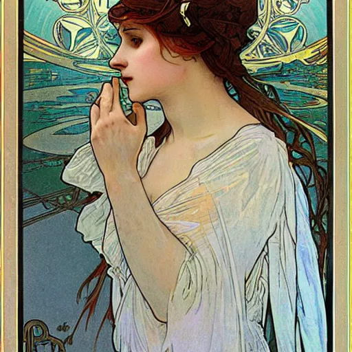 Image similar to lady of the lake by alphonse mucha