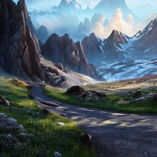 Prompt: high alpine landscape with windy road, unreal engine, high quality digital art, dramatic lighting, photo realism