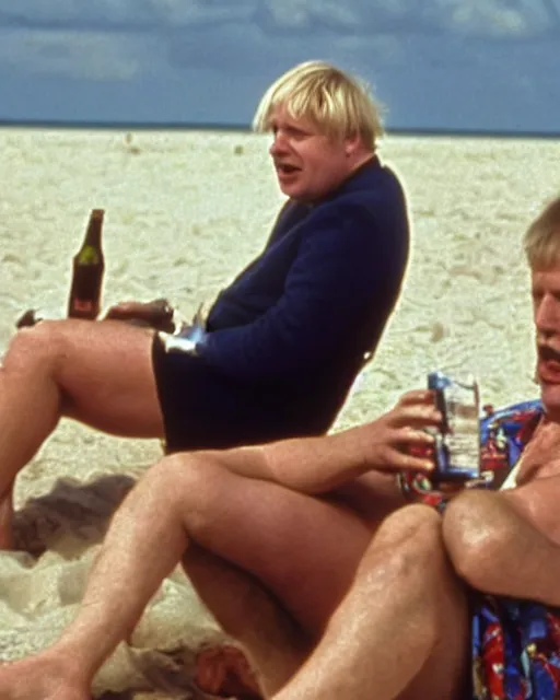 Image similar to film still close - up shot of boris johnson drinking a beer on the beach from the movie monty python's the meaning of life. photographic, photography