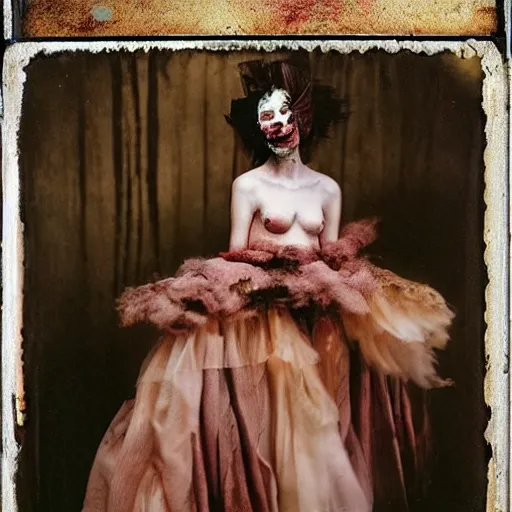 Image similar to damaged kodak portra 4 0 0, wetplate, photo of a surreal artsy dream scene,, very beautiful model, weird fashion, grotesque, extravagant dress, strange pose, carneval, with an animal, wtf, photographed by paolo roversi style