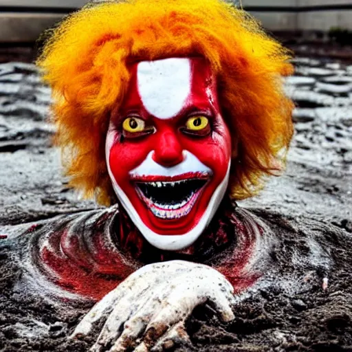 Image similar to Close up photograph of Ronald McDonald emerging from a dirty puddle, white facepaint, red afro, red round nose, yellow jumpsuit!! creepy smile!!!, highly detailed, F32