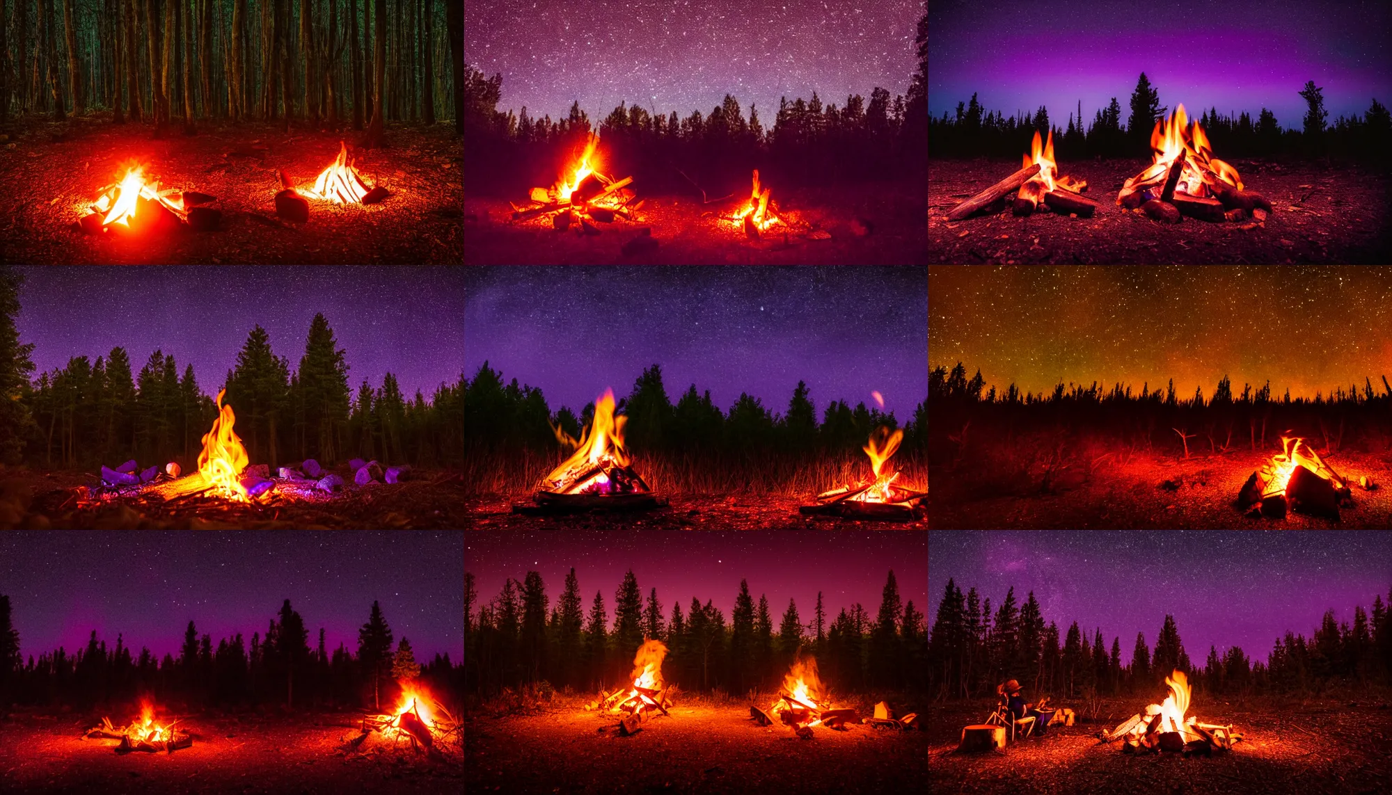 Prompt: a sole campfire in a dark desolate forest at night, with some sausages on the fire, purple fireflies in the background, medium shot, masterpiece, using gradients and the degrade technique