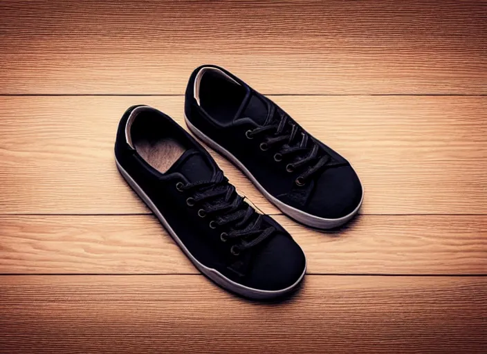 Image similar to clear highly detailed photorealistic topdown mockup product photograph of a realistic pair of black sneakers on a wooden background