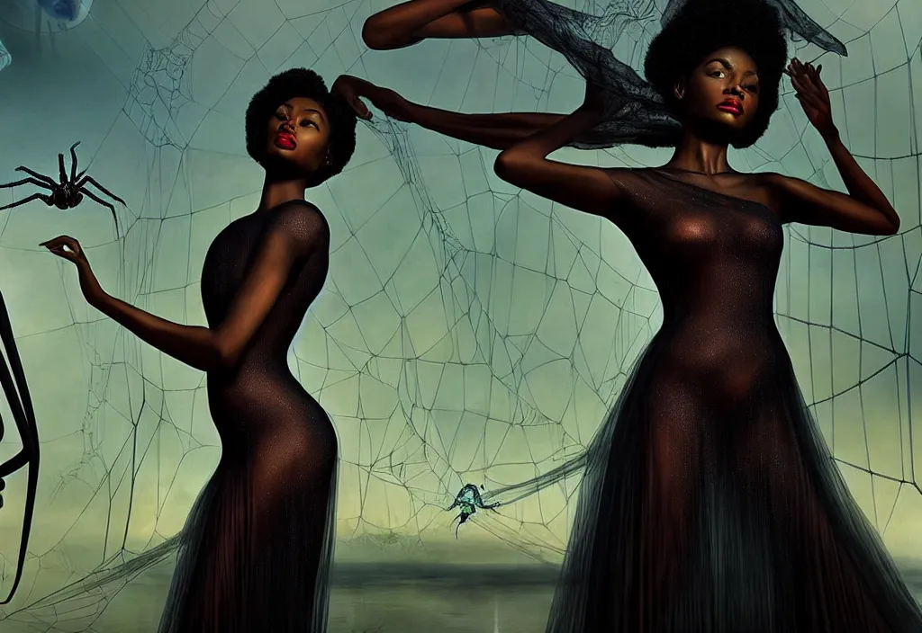 Image similar to realistic detailed portrait movie shot of a beautiful black woman in a transparent sheer fabric dress dancing with a giant spider, futuristic sci fi landscape background by denis villeneuve, monia merlo, yves tanguy, ernst haeckel, alphonse mucha, max ernst, caravaggio, roger dean, sci fi necklace, masterpiece, dreamy, rich moody colours