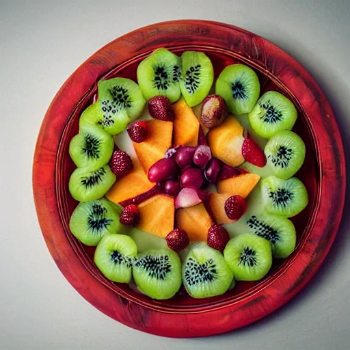 Image similar to beautiful photo of fruit pieces arranged to shape a rowing boat on a white plate, dslr