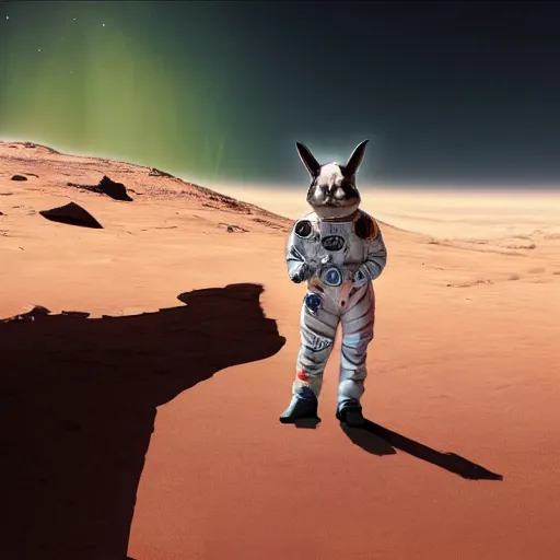 Image similar to a rabbit in a spacesuit stands in a spaceship with a blaster against the background of mars cyberpunk photorealism