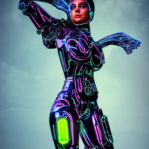 Image similar to Cyborg Woman, full-body shot of a woman with large mechanical wings, neon art style, futuristic art style, digital art, 8k quality, by Leo Avero and Eva Balloon, award-winning art