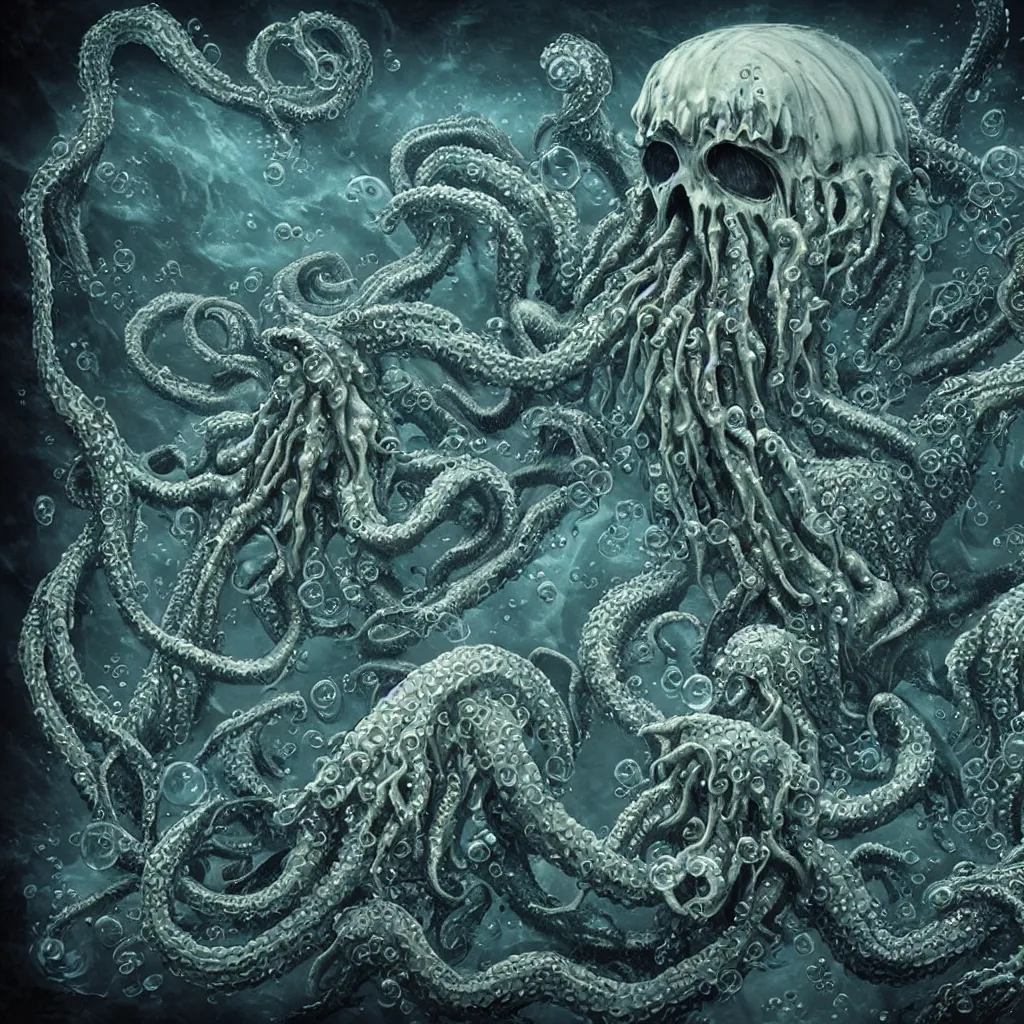 Image similar to close-up macro portrait of a Cthulhu versus the kraken and other fantastical sea creatures, epic angle and pose, ribcage bones, tenticles, symmetrical artwork, 3d with depth of field, blurred background, cybernetic jellyfish female face skull phoenix bird, translucent, nautilus, energy flows of water, bubbles, a highly detailed epic cinematic battle concept art CG render. made in Maya, Blender and Photoshop, octane render, excellent composition, cinematic dystopian brutalist atmosphere, dynamic dramatic cinematic lighting, aesthetic, very inspirational, arthouse. Greg Rutkowski, Ilya Kuvshinov, WLOP, Stanley Artgerm Lau, Ruan Jia and Fenghua Zhong