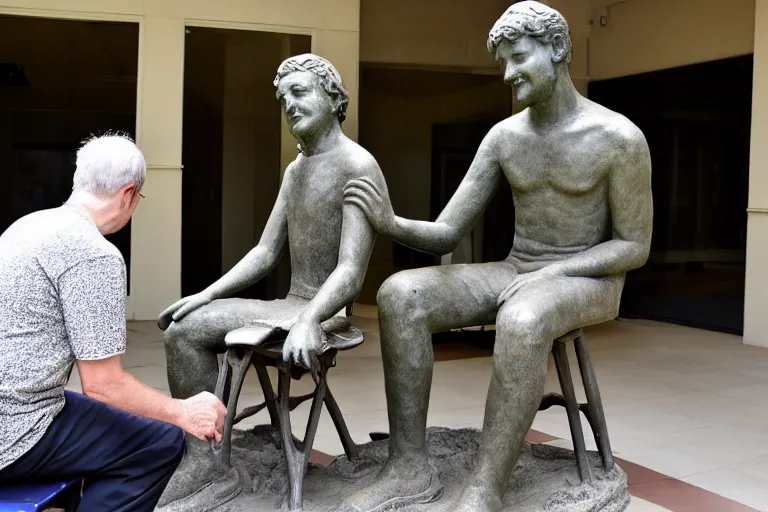 Image similar to a man who is sitting upright in a chair is touching a completed statue