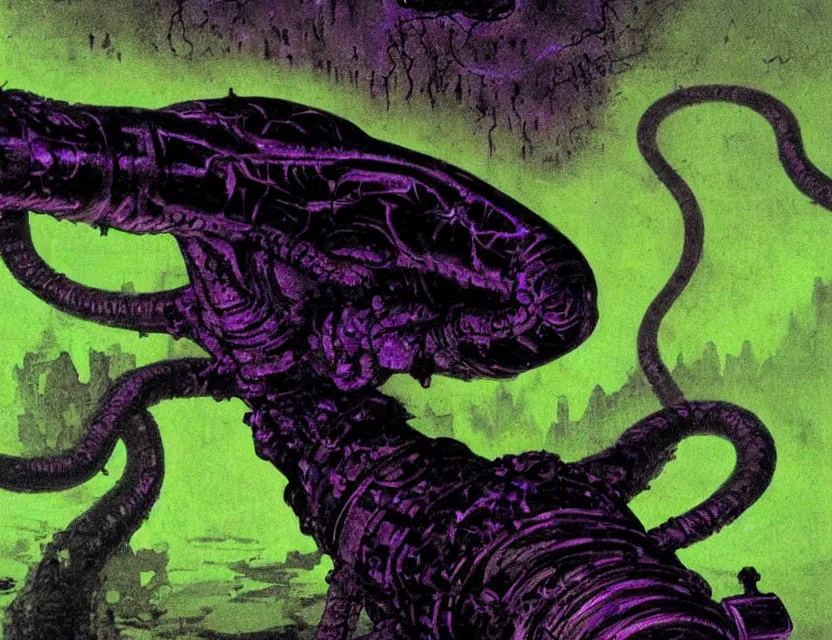 Image similar to a close - up view portrait of a silhouetted supernatural laser snake in brutalist halls with metallic alien technology. close - up view, detailed textures. glowing green purple fog, dark black background. poison skull face, highly detailed fantasy science fiction painting by moebius, norman rockwell, frank frazetta, and syd mead. rich colors, high contrast